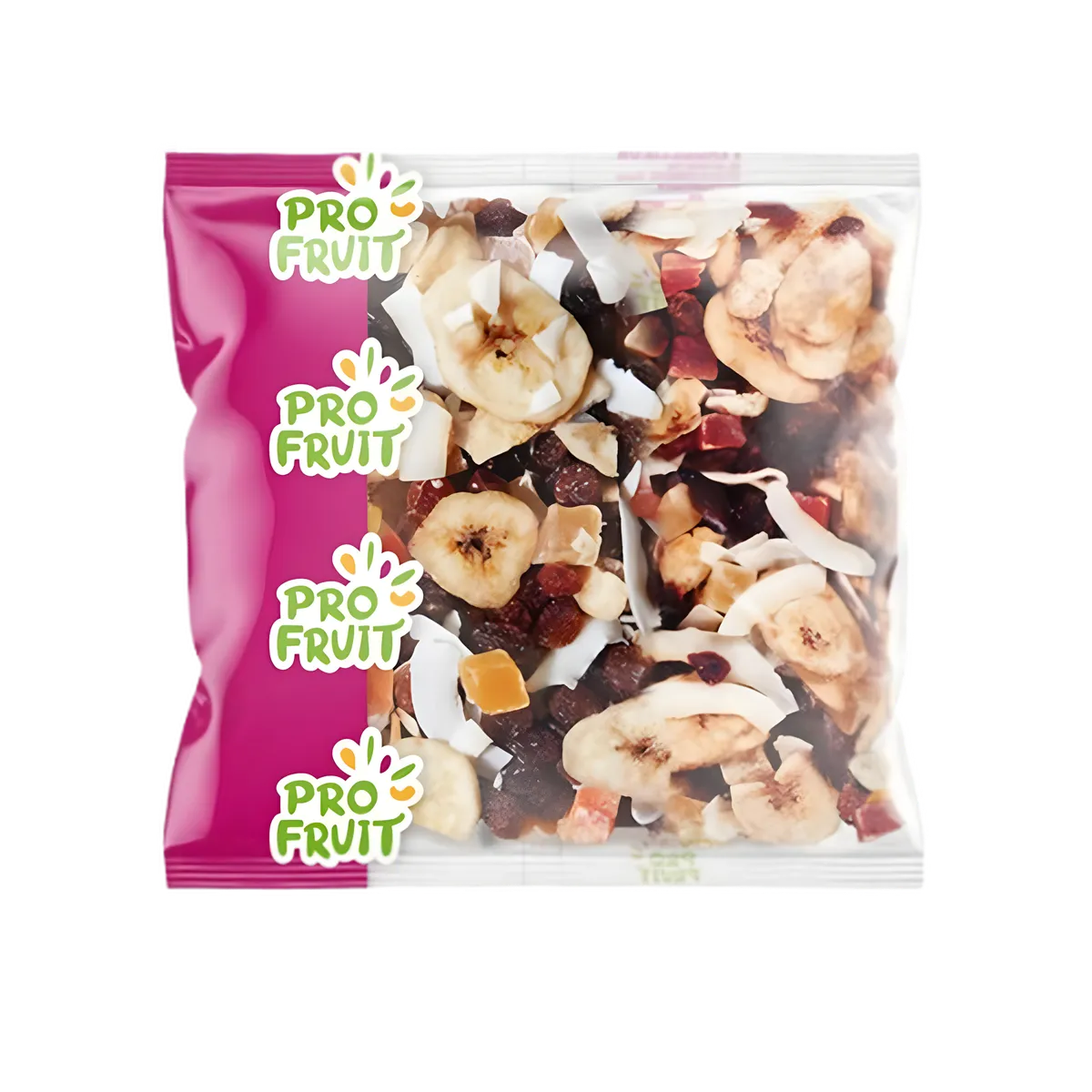 PROFRUIT Mélange Exotique en sachet transparent avec fruits secs variés comme bananes, noix de coco et papaye. Idéal pour achat en ligne.