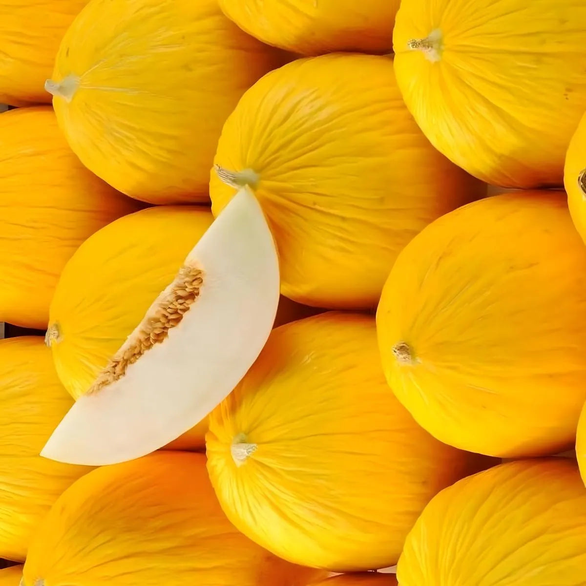 Melons jaunes empilés avec une tranche exposant la chair claire. Acheter melon frais, fruit sucré idéal pour l'été ou toute l'année.
