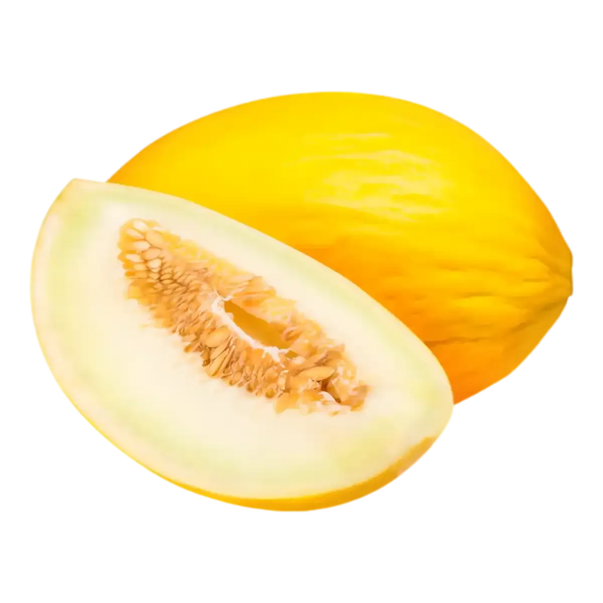 Melon entier jaune avec une tranche coupée révélant une pulpe juteuse et sucrée. Acheter melon frais pour une saveur estivale naturelle.