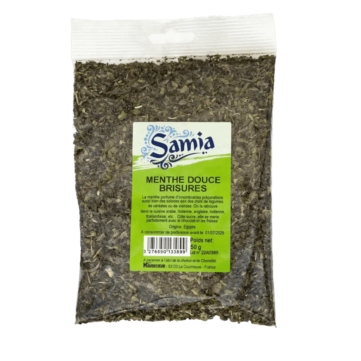 Sachet Samia de menthe douce brisure, 50 grammes. Gros plan sur le produit emballé.