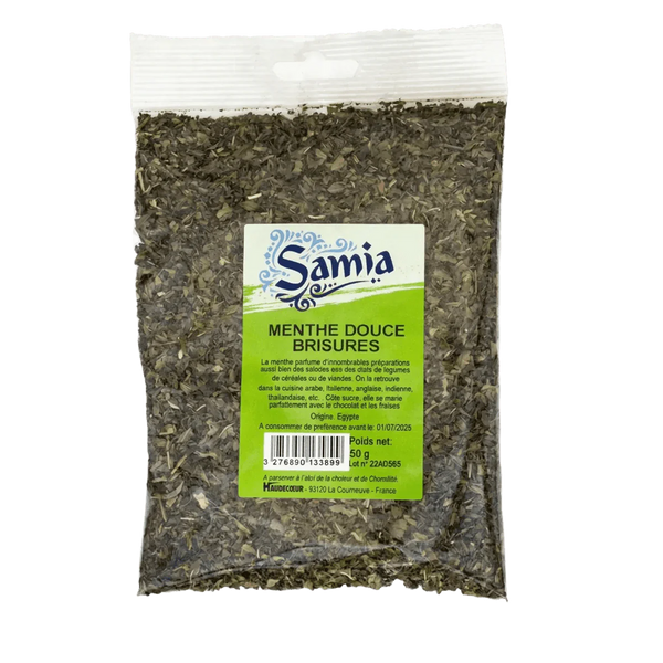 Sachet Samia de menthe douce brisure, 50 grammes. Gros plan sur le produit emballé.