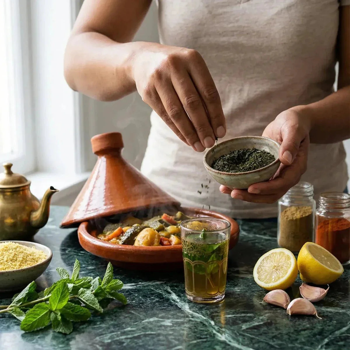 Preparing a tagine with SAMIA mint. Hand adding herbs from a bowl.