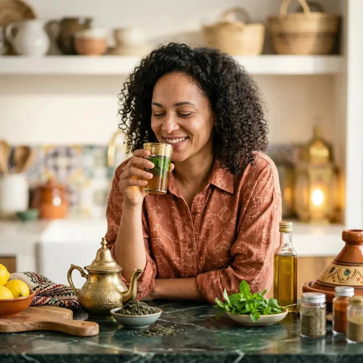 SAMIA Sweet mint crush. Smiling woman drinks mint tea in a kitchen with.