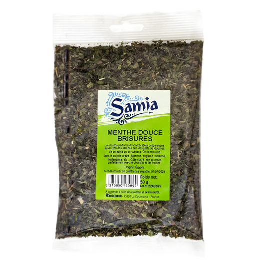 Menthe Douce Brisure SAMIA - Parfum Délicat et Réjouissant en sachet de 50g, idéale pour infusions et assaisonnement culinaire.