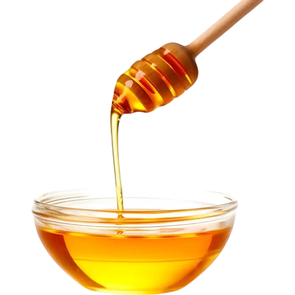 Cuillère en bois versant du miel fluide doré dans un bol en verre, illustrant la texture naturelle du miel de fleur SAMIA.
