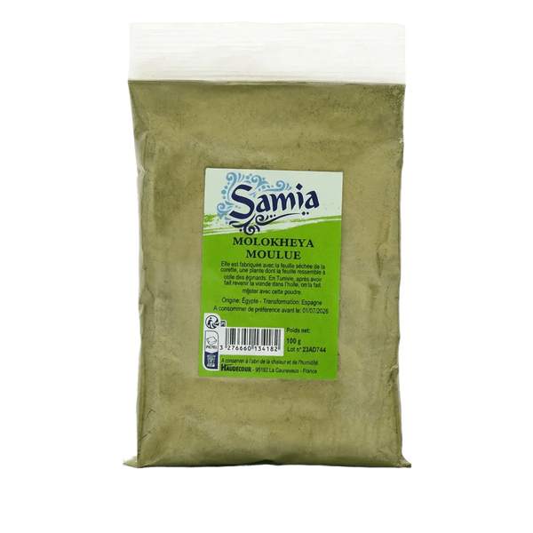 Zakje gemalen Molokheya-poeder SAMIA, vooraanzicht.