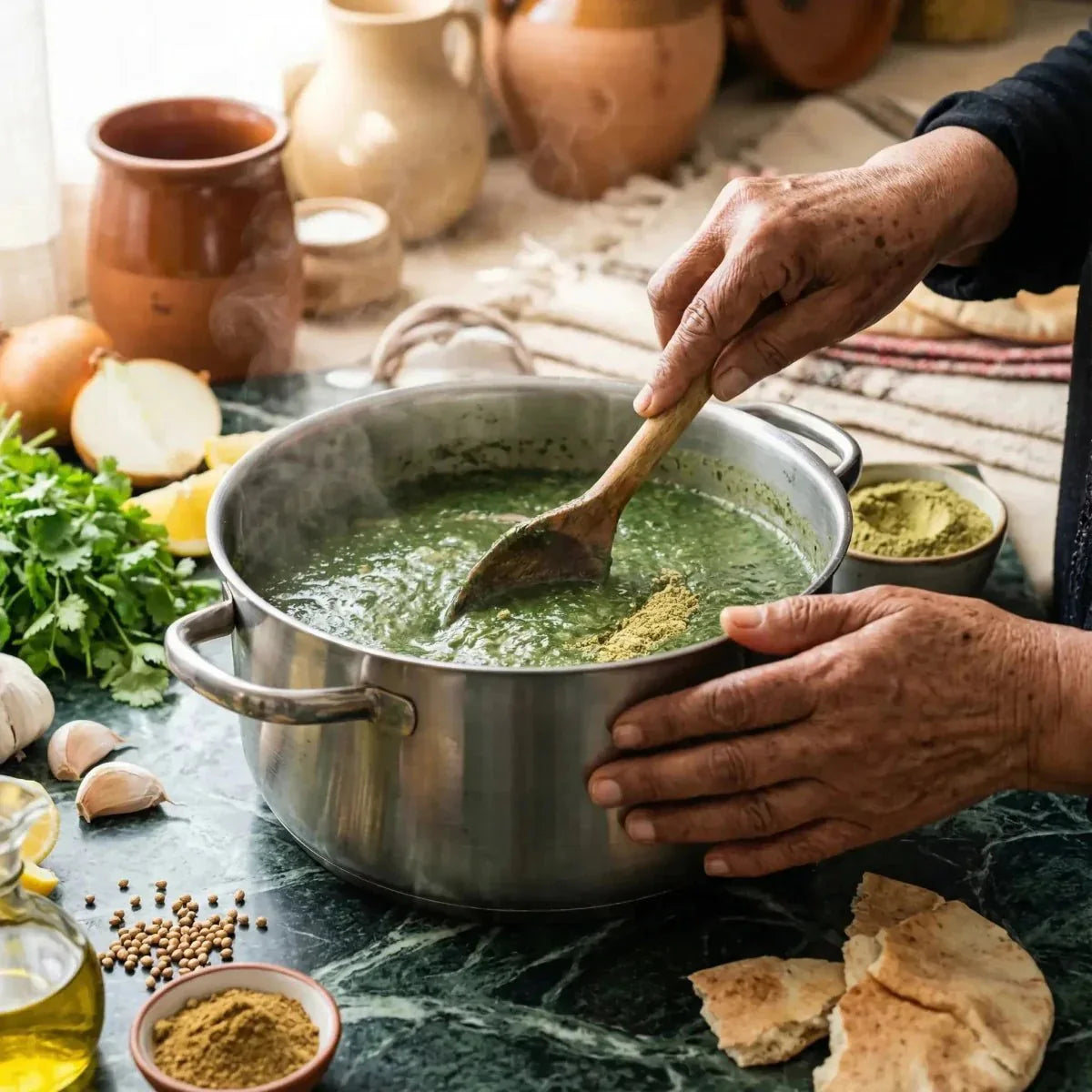 Molokheya macinata SAMIA in preparazione: una mano mescola una zuppa verde in una pentola.