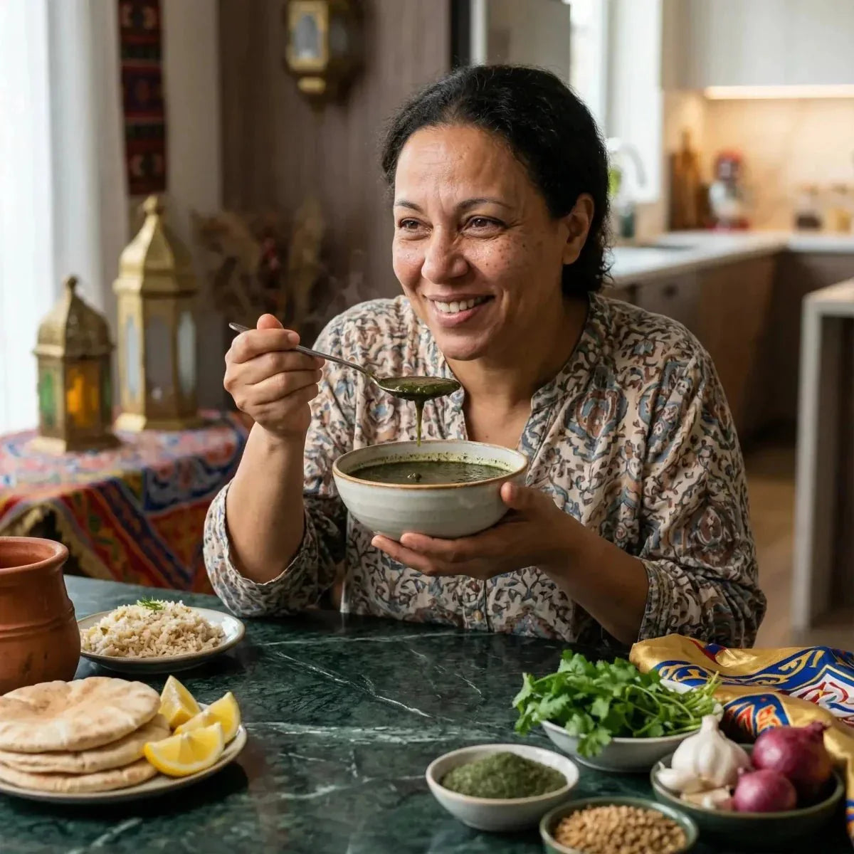 SAMIA, Molokheya macinata. Donna sorridente che mangia una zuppa verde. Tavola imbandita con pane, limone.