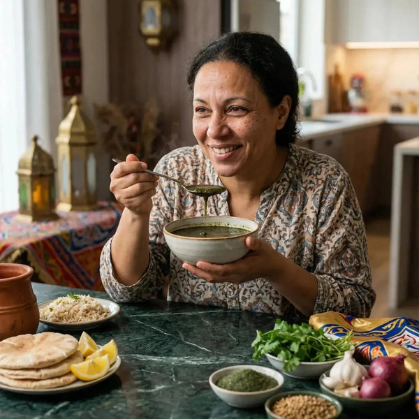 SAMIA, Molokheya moulu. Femme souriante mangeant une soupe verte. Table garnie de pain, citron.