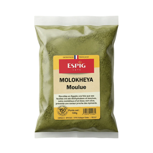 Sachet de molokheya moulue ESPIG, entreprise française depuis 1876, sur fond uni.