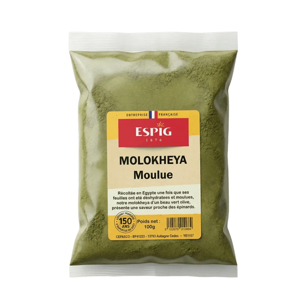 Sachet de molokheya moulue ESPIG, entreprise française depuis 1876, sur fond uni.