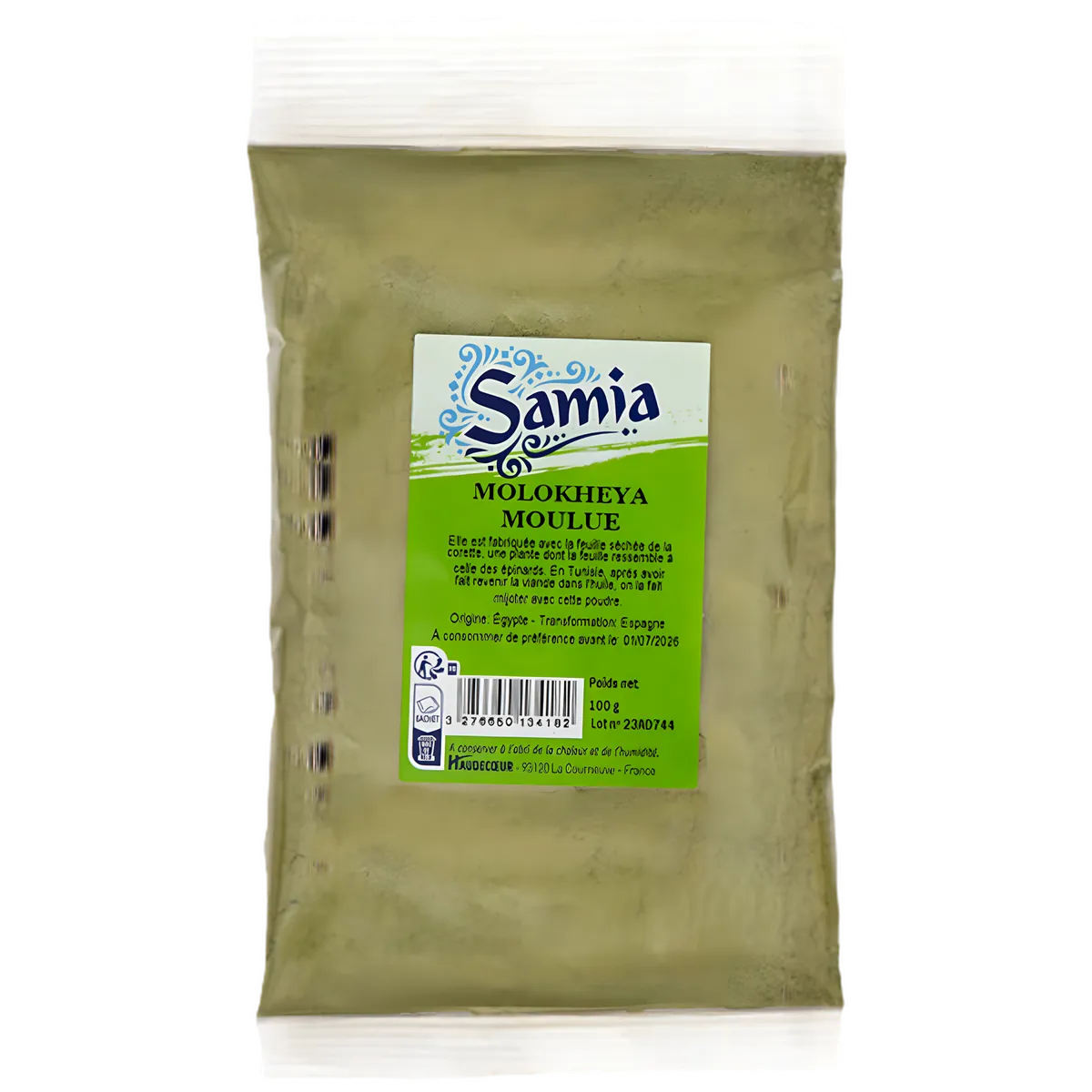 Molokheya moulu SAMIA - Poudre nutritionnelle en sachet de 100g, idéale pour l'épicerie salée et les plats orientaux riches en saveurs.