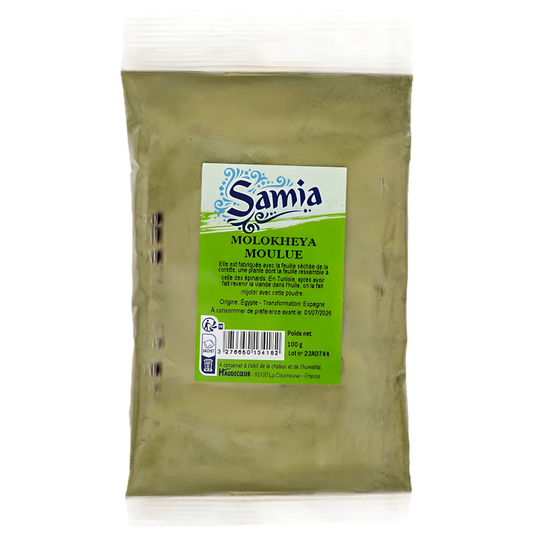 Molokheya moulu SAMIA - Poudre nutritionnelle en sachet de 100g, idéale pour l'épicerie salée et les plats orientaux riches en saveurs.