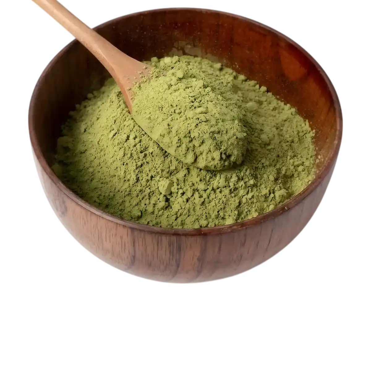 Cuillère en bois remplie de molokheya moulu SAMIA dans un bol, illustrant sa texture fine et sa couleur verte naturelle.