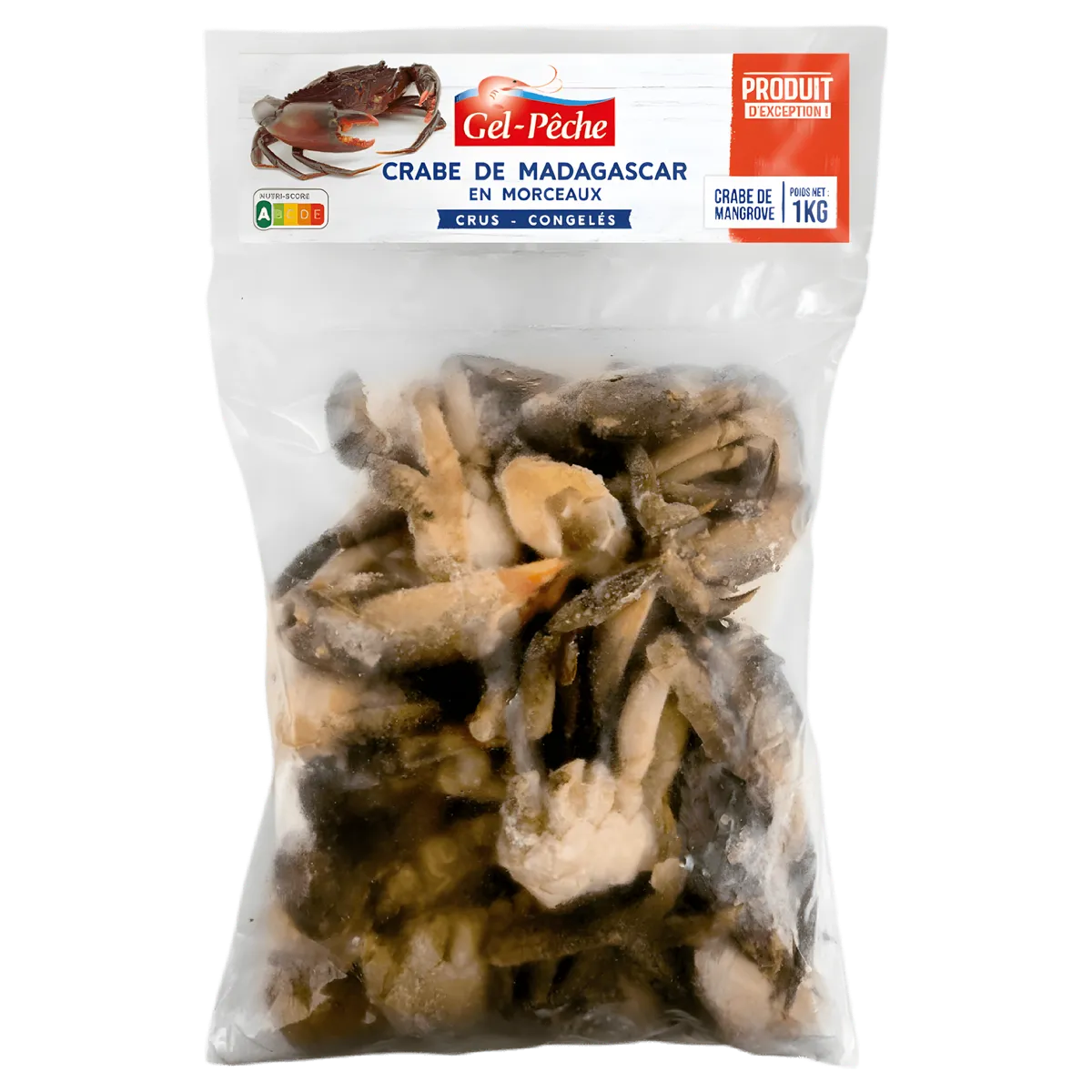 Sachet de 1kg de morceaux de crabe de Madagascar Gel-Pêche, crus et congelés, idéal pour plats chauds ou froids dans la catégorie fruits de mer.