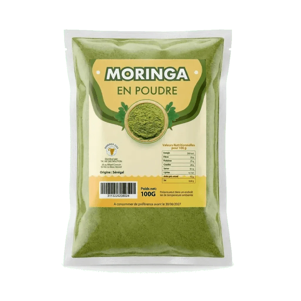 Zakje Moringapoeder van het merk NUMBER ONE. Close-up van de verpakking en het etiket.