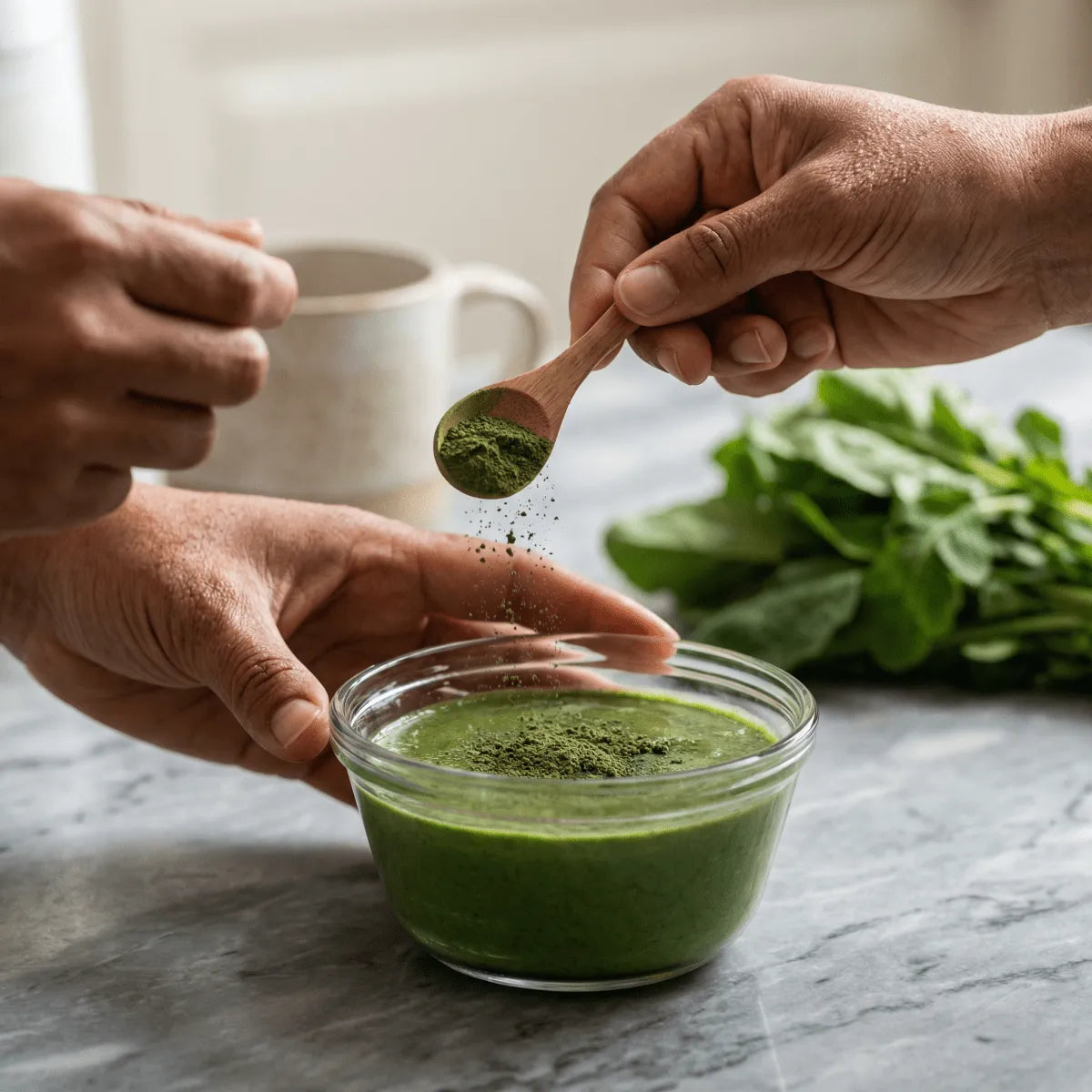 NUMBER ONE - Moringa-Pulver: Eine Person fügt Moringa-Pulver (100g) hinzu.