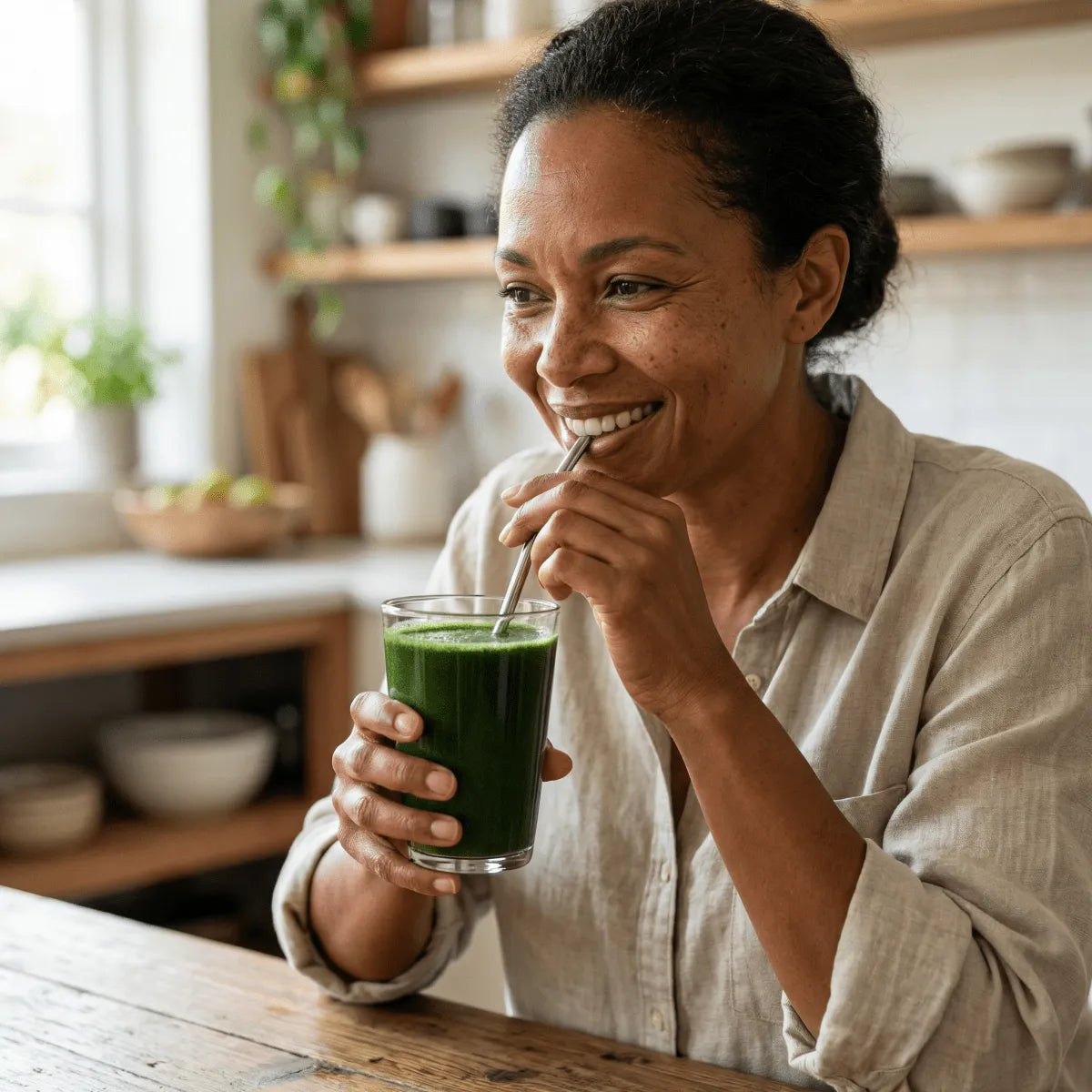 NUMBER ONE Moringa Pulver: lächelnde Frau, die einen grünen Smoothie mit einem Strohhalm genießt.