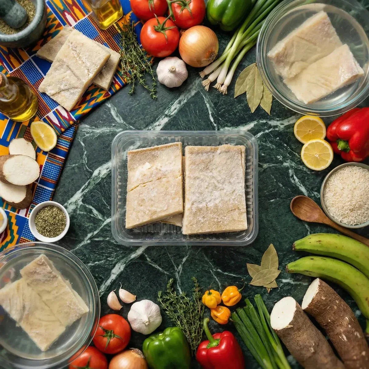 Morue salée séchée — 500g. Scène culinaire avec ingrédients frais et poisson salé, marbré vert.