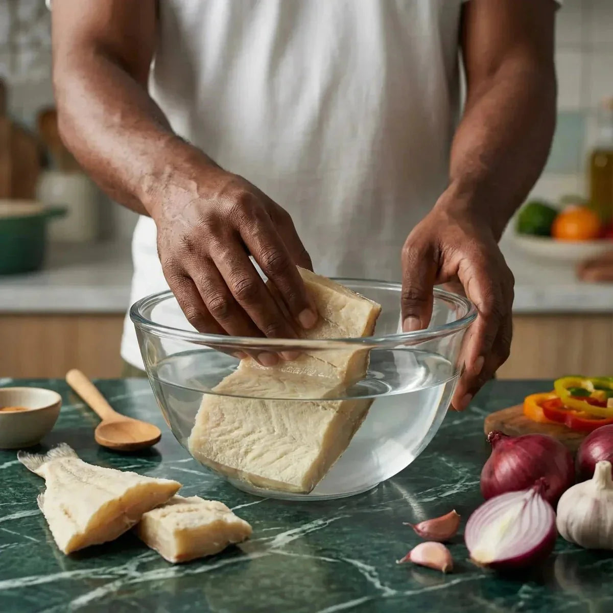 Morue salée séchée 500g. Préparation de poisson : homme trempant de la morue dans un saladier.