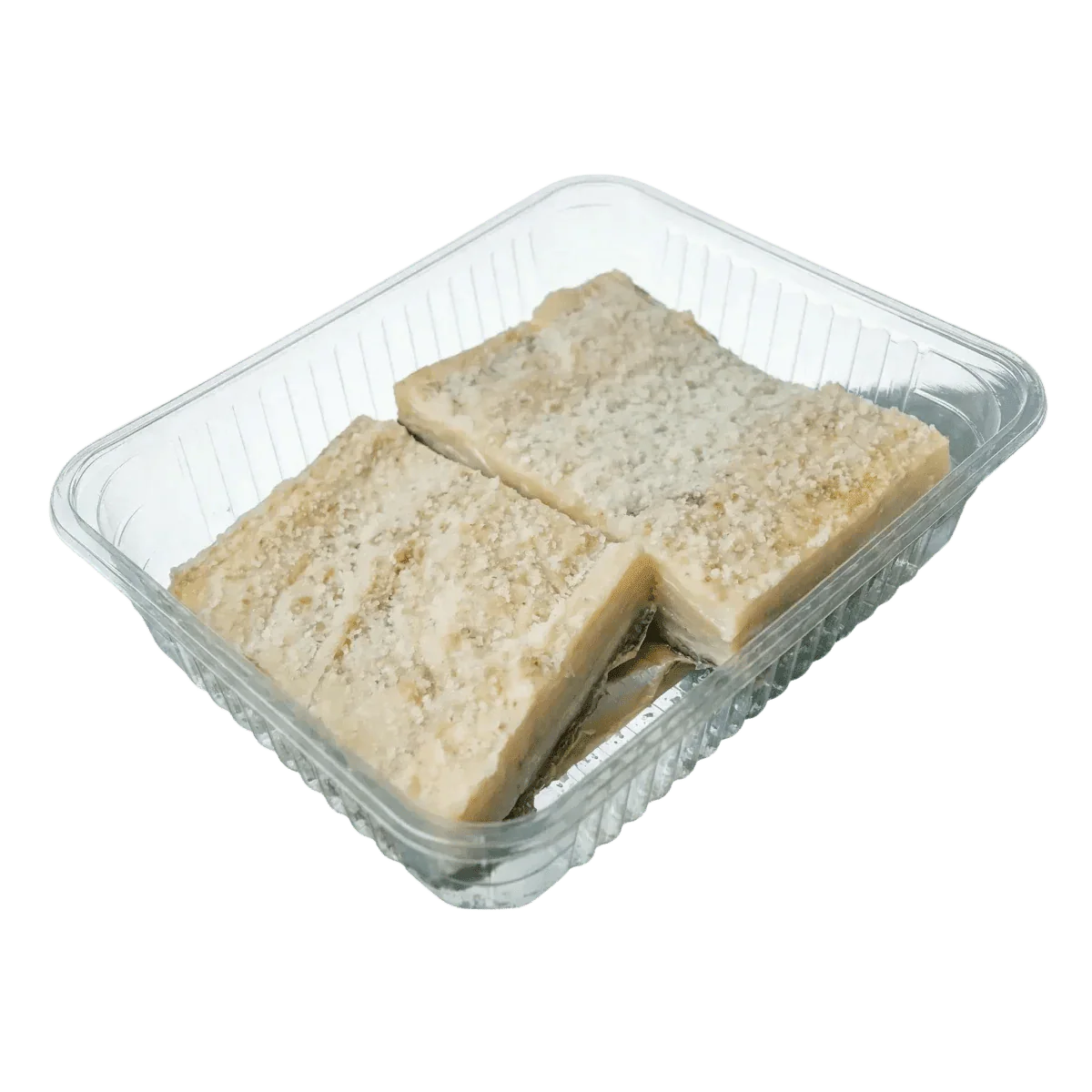 Morue salée séchée — 500g dans une barquette plastique transparente.