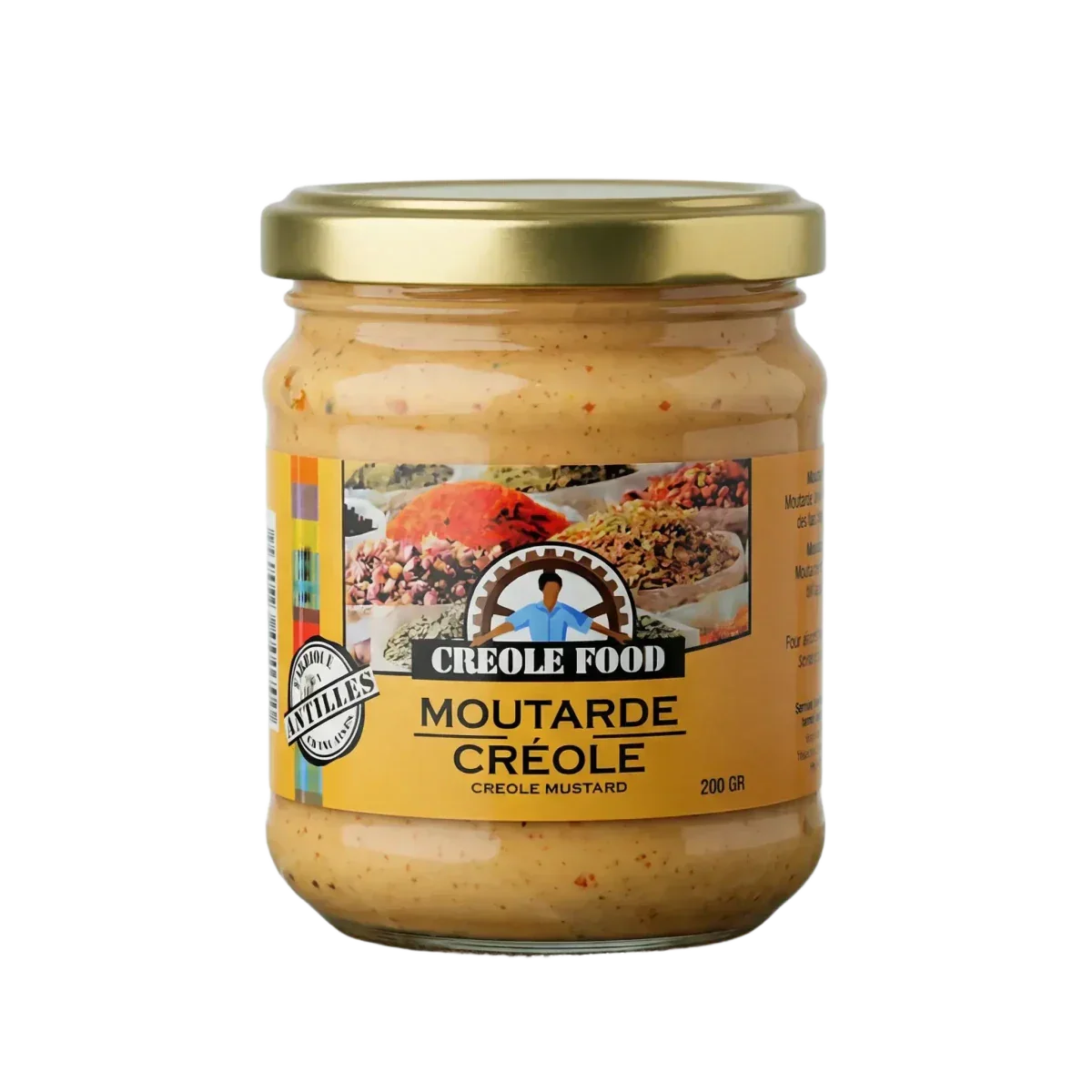 Frasco de mostaza criolla CREOLE FOOD, con su etiqueta amarilla y tapa dorada, sobre fondo negro.