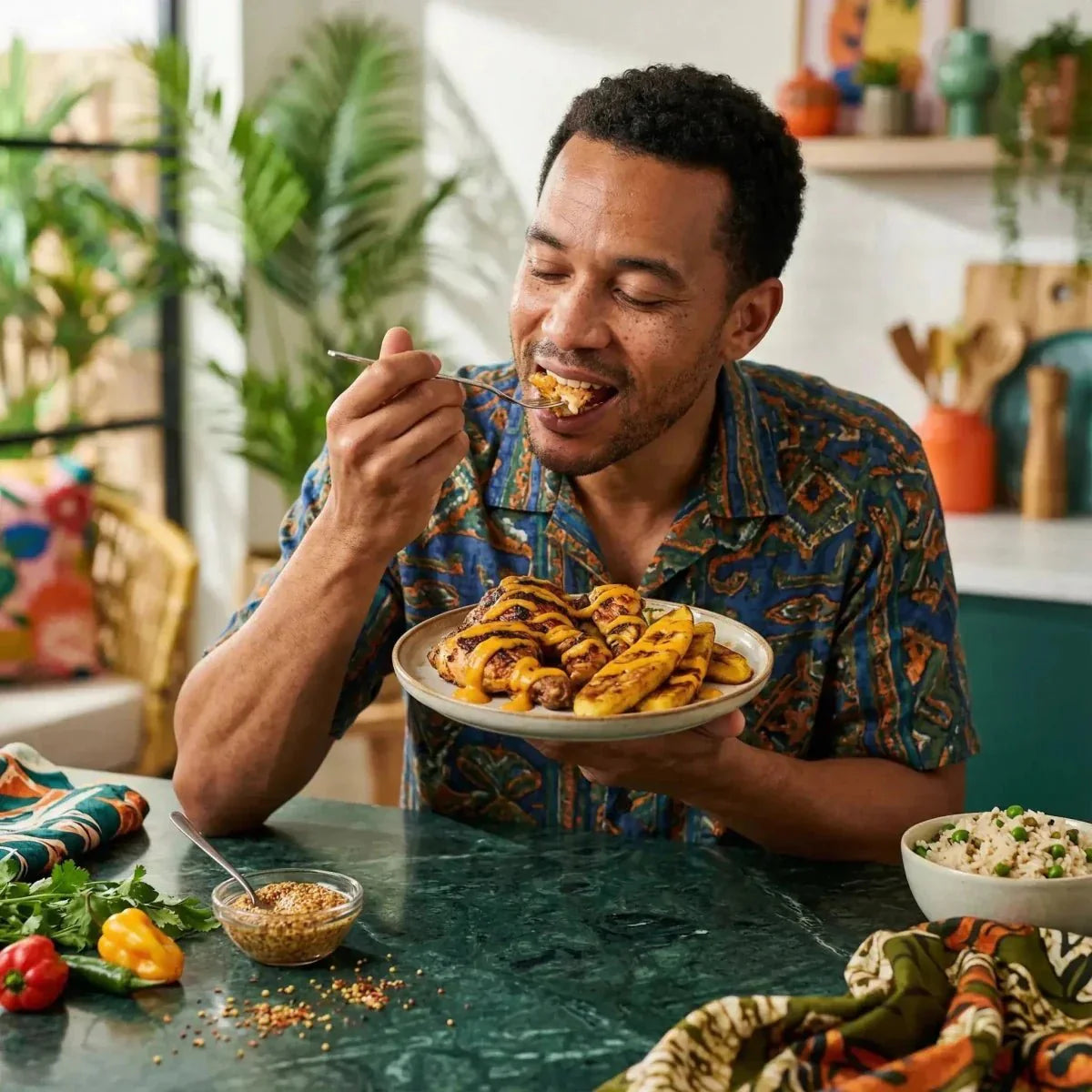 Creole Mustard CREOLE FOOD — man eating a dish of chicken and plantains.