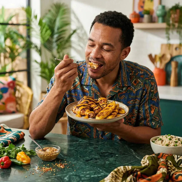 Moutarde créole CREOLE FOOD - homme mangeant un plat de poulet et bananes plantains.