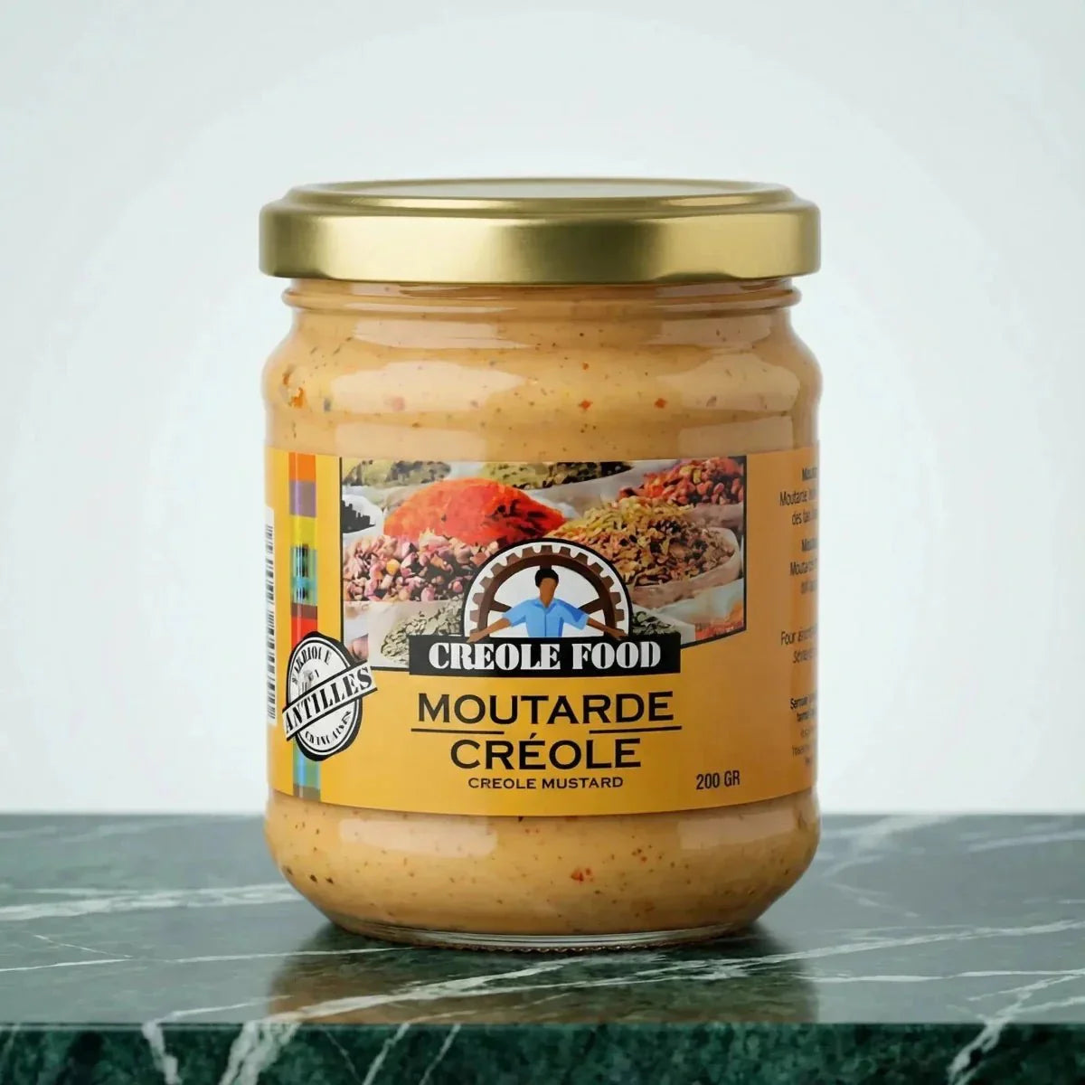 Creole mustard from CREOLE FOOD, in a glass jar with a golden lid.