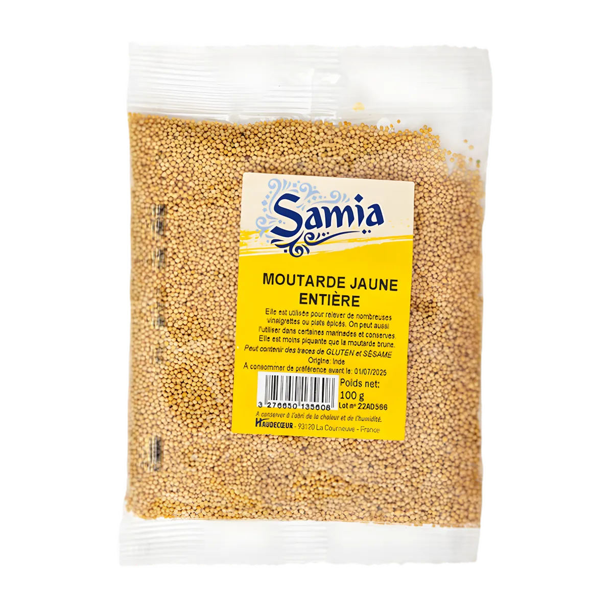 Moutarde jaune entière SAMIA - Condiment polyvalent en sachet de 100g, idéal pour sauces, marinades et plats épicés en épicerie salée.