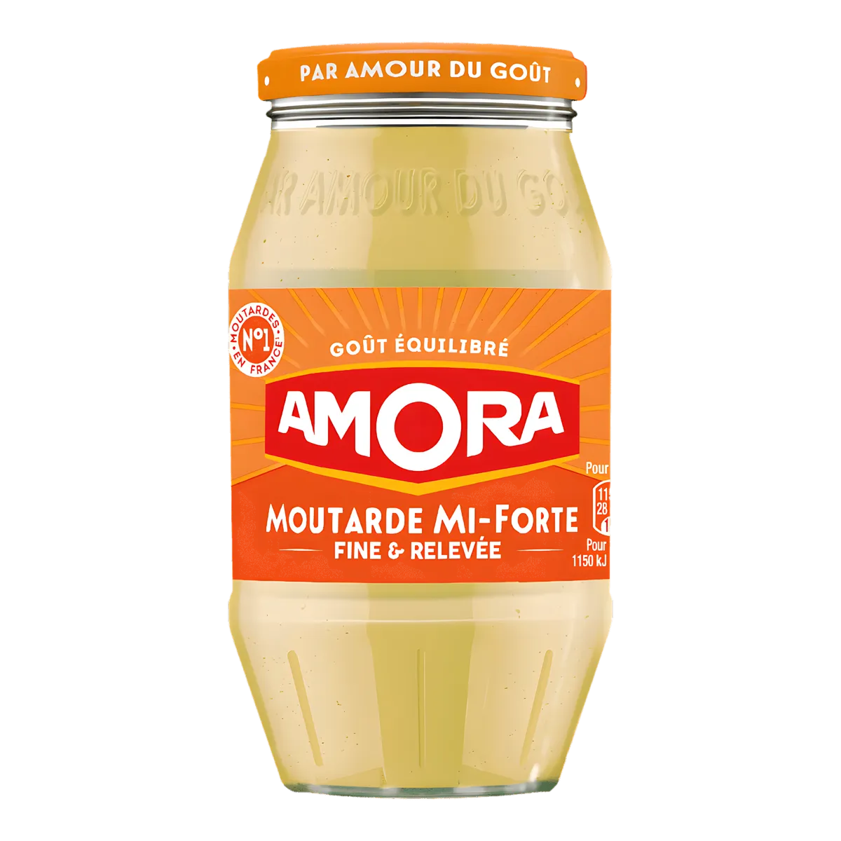 Pot de Moutarde mi-forte AMORA avec étiquette orange, condiment parfait au goût riche pour viandes et sauces. Épicerie salée incontournable.