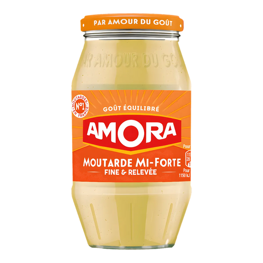 Pot de Moutarde mi-forte AMORA avec étiquette orange, condiment parfait au goût riche pour viandes et sauces. Épicerie salée incontournable.