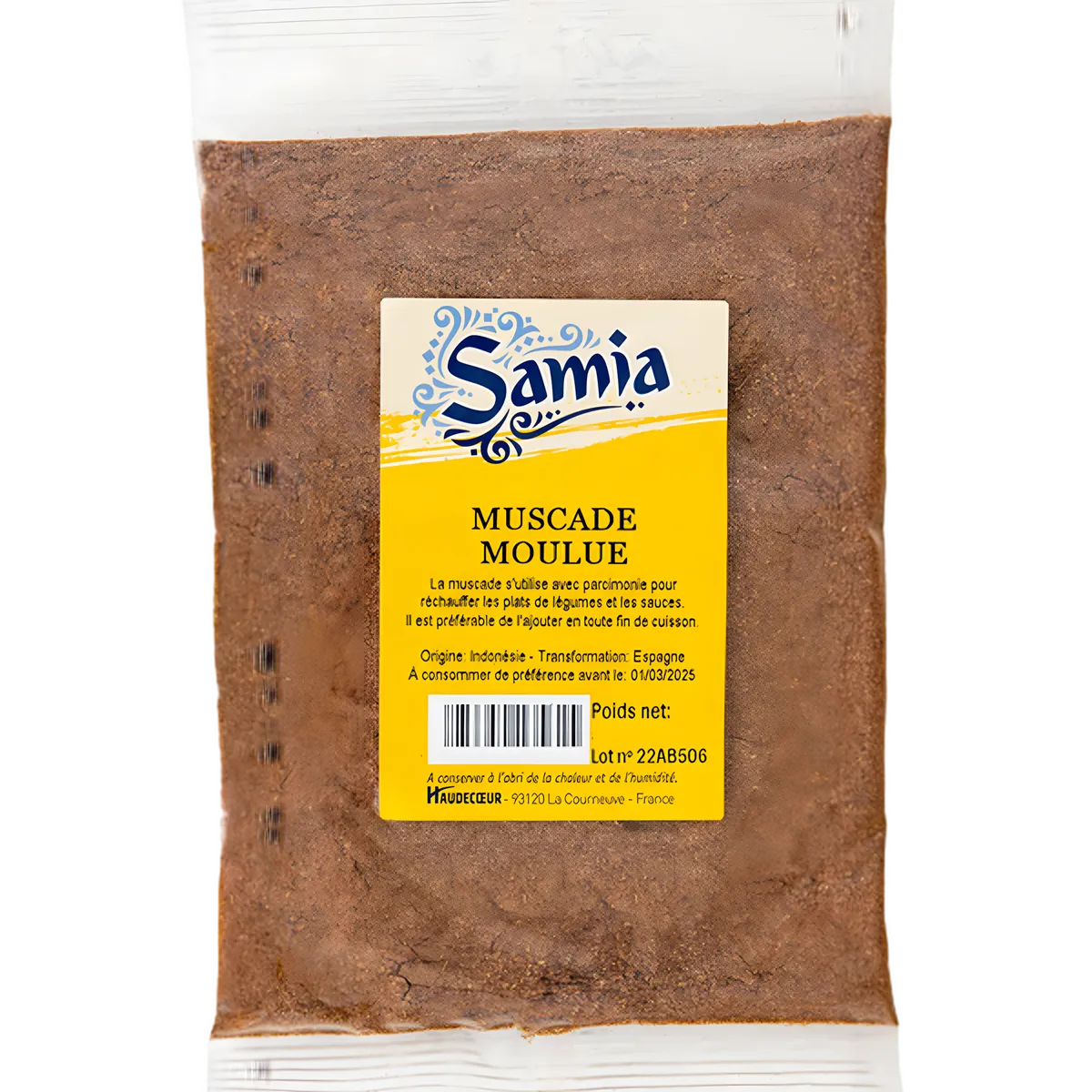 Muscade moulue BIO SAMIA en sachet transparent, épice idéale pour plats sucrés et salés. Épicerie salée pour cuisine raffinée.