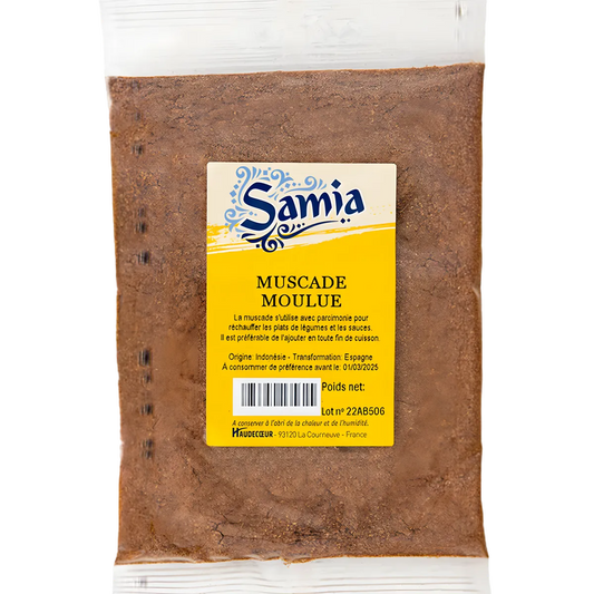Muscade moulue BIO SAMIA en sachet transparent, épice idéale pour plats sucrés et salés. Épicerie salée pour cuisine raffinée.