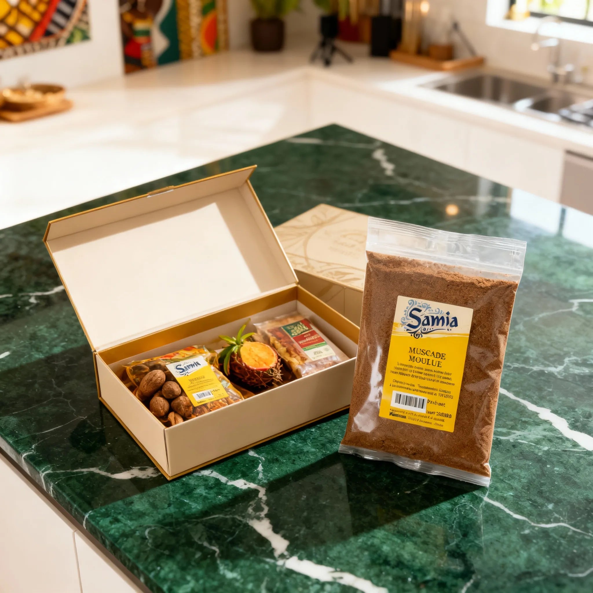 Coffret cadeau avec muscade moulue BIO SAMIA et noix de muscade entières sur plan de travail. Épice cuisine pour recettes sucrées et salées.