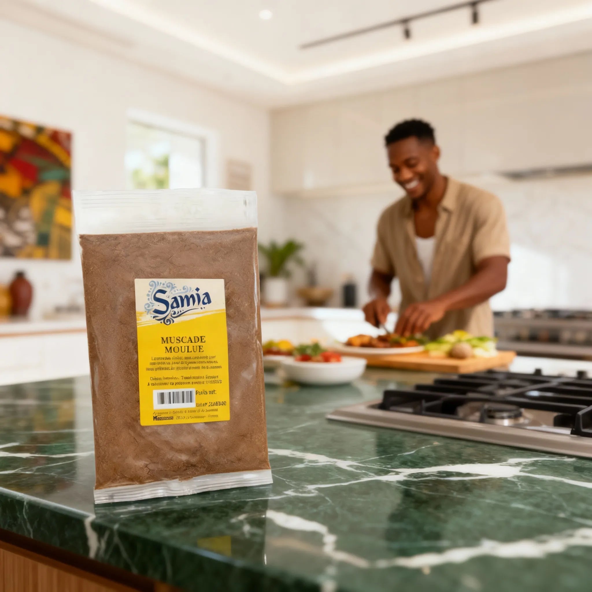 Sachet de muscade moulue BIO SAMIA posé sur un plan de travail vert, avec un homme cuisinant en arrière-plan. Épice bio pour cuisine maison.