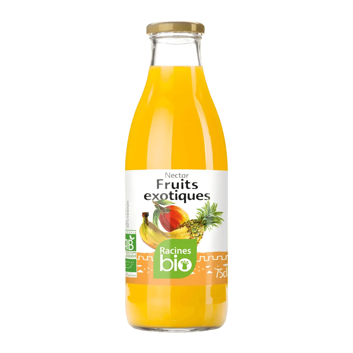 Bouteille de nectar de fruits exotiques RACINES BIO 75cl, boisson bio rafraîchissante aux saveurs tropicales, idéale pour une consommation saine.