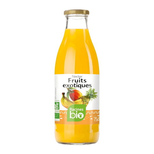 Bouteille de nectar de fruits exotiques RACINES BIO 75cl, boisson bio rafraîchissante aux saveurs tropicales, idéale pour une consommation saine.