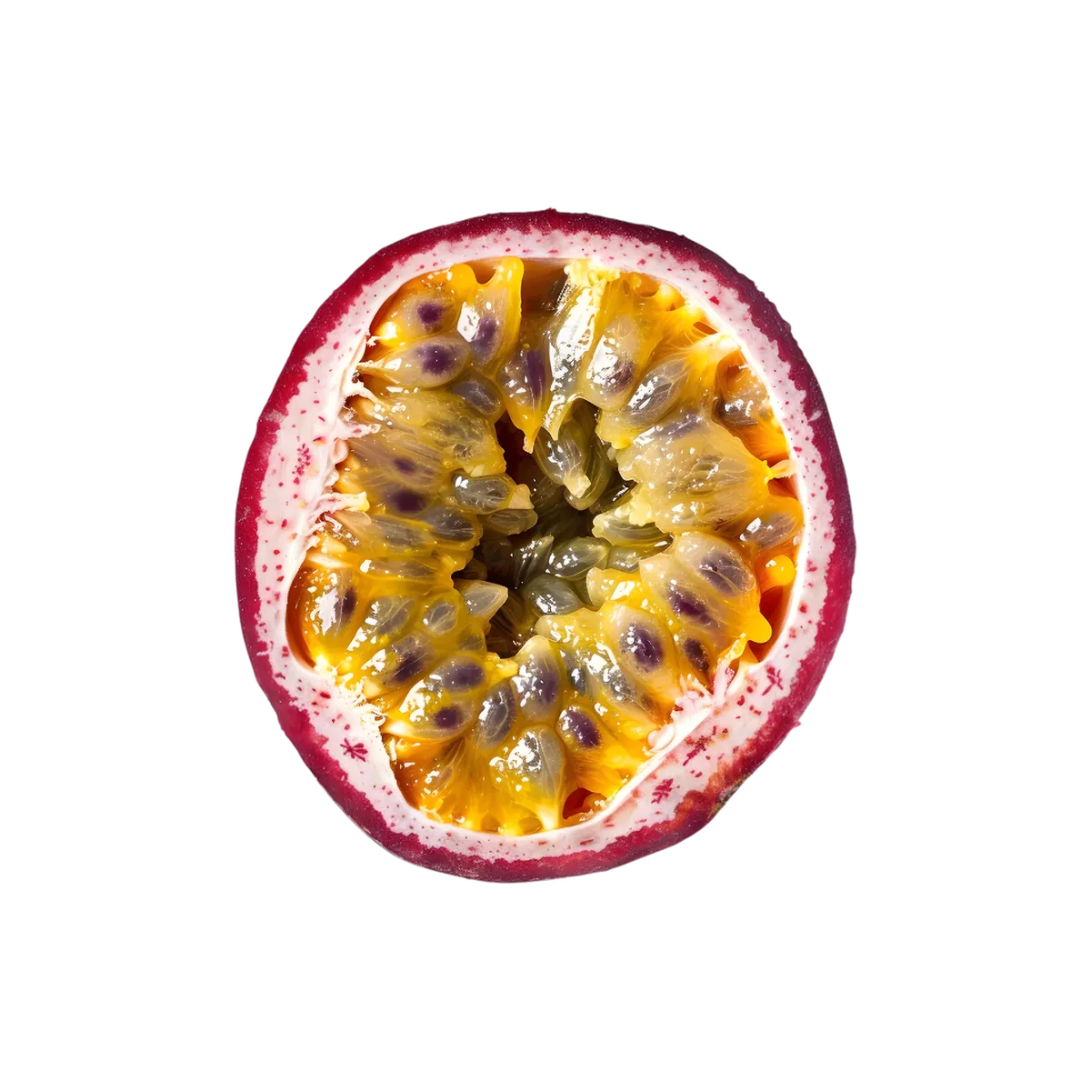 Fruit de la passion coupé en deux révélant sa pulpe juteuse, composant du jus exotique Grenade Letchi Passion Caresse Antillaise.