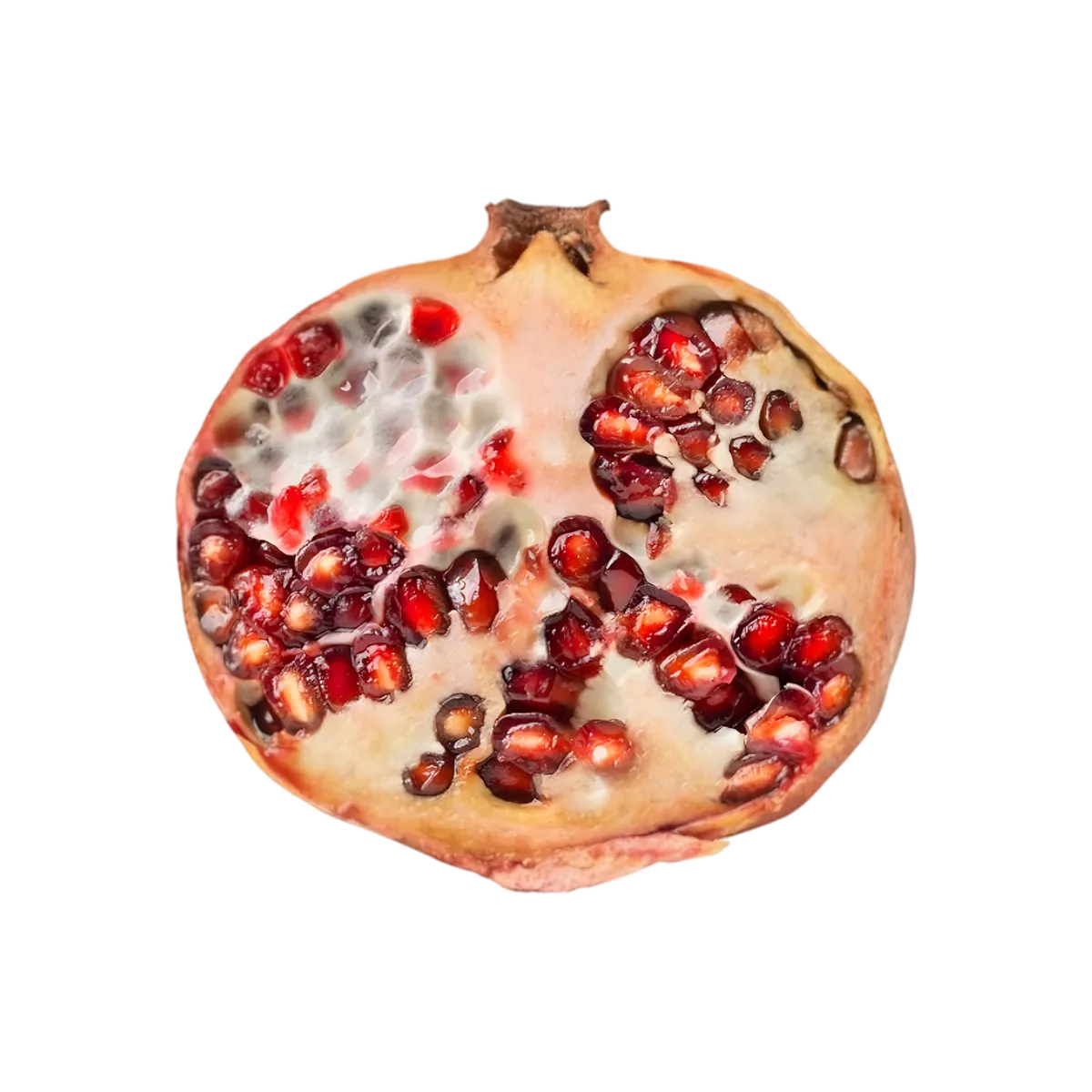 Grenade ouverte montrant ses graines rouges brillantes, ingrédient principal du nectar Grenade Letchi Passion Caresse Antillaise.