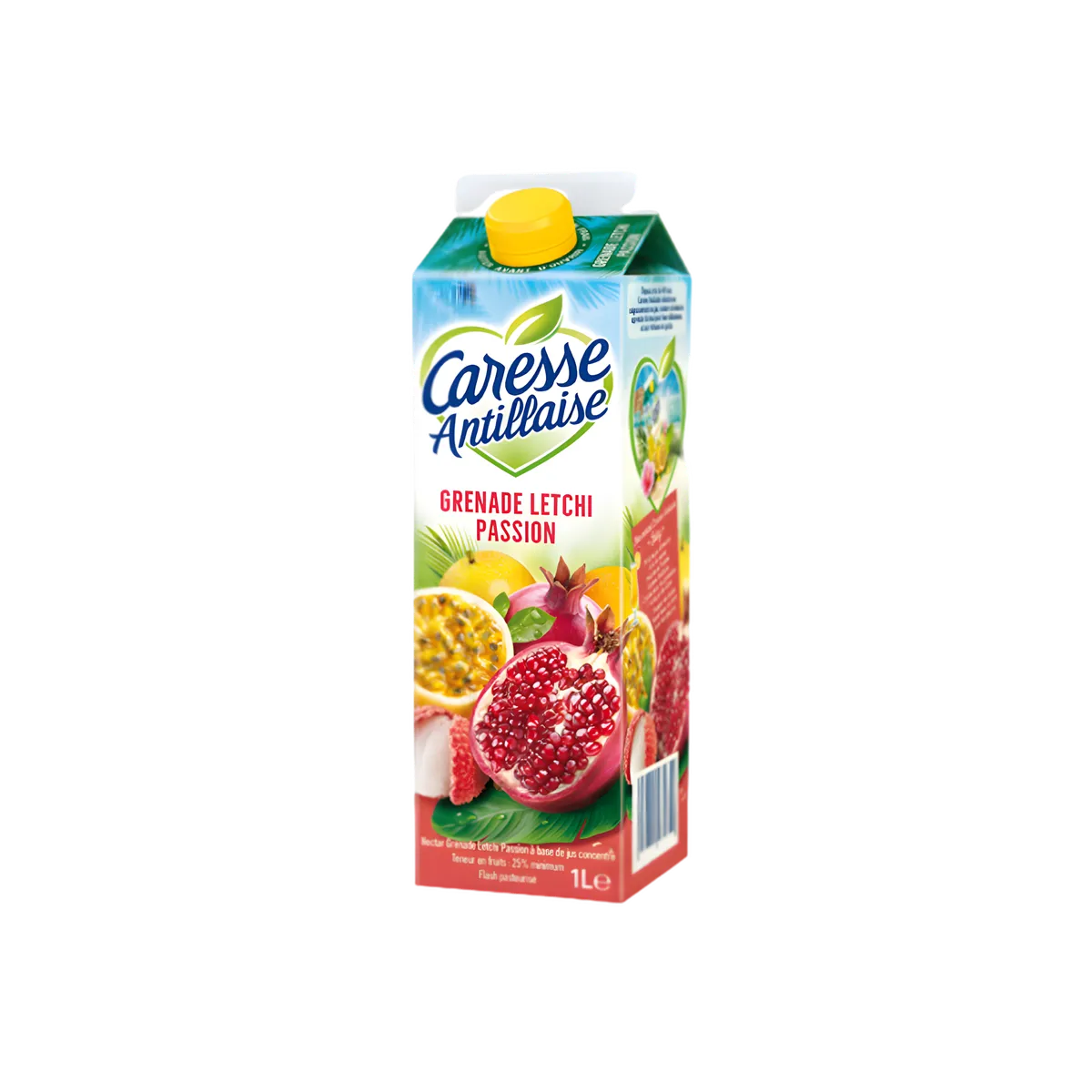 Brique de nectar Grenade Letchi Passion Caresse Antillaise 1L, boisson exotique aux fruits tropicaux pour une pause rafraîchissante et gourmande.