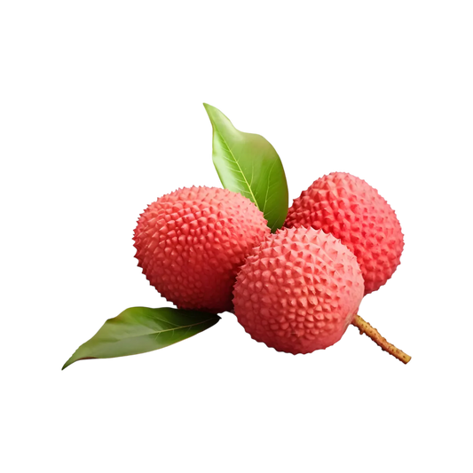Trois letchis frais avec feuilles vertes, ingrédient clé du nectar exotique Grenade Letchi Passion de Caresse Antillaise.