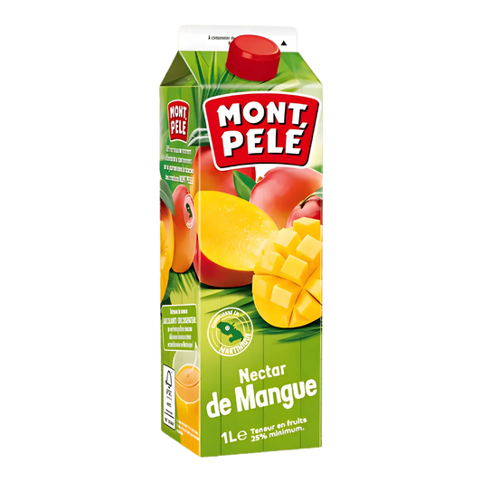 Brique de nectar de mangue MONTPELÉ 1L, boisson exotique à base de mangues mûres, saveur riche et tropicale pour jus et smoothies.