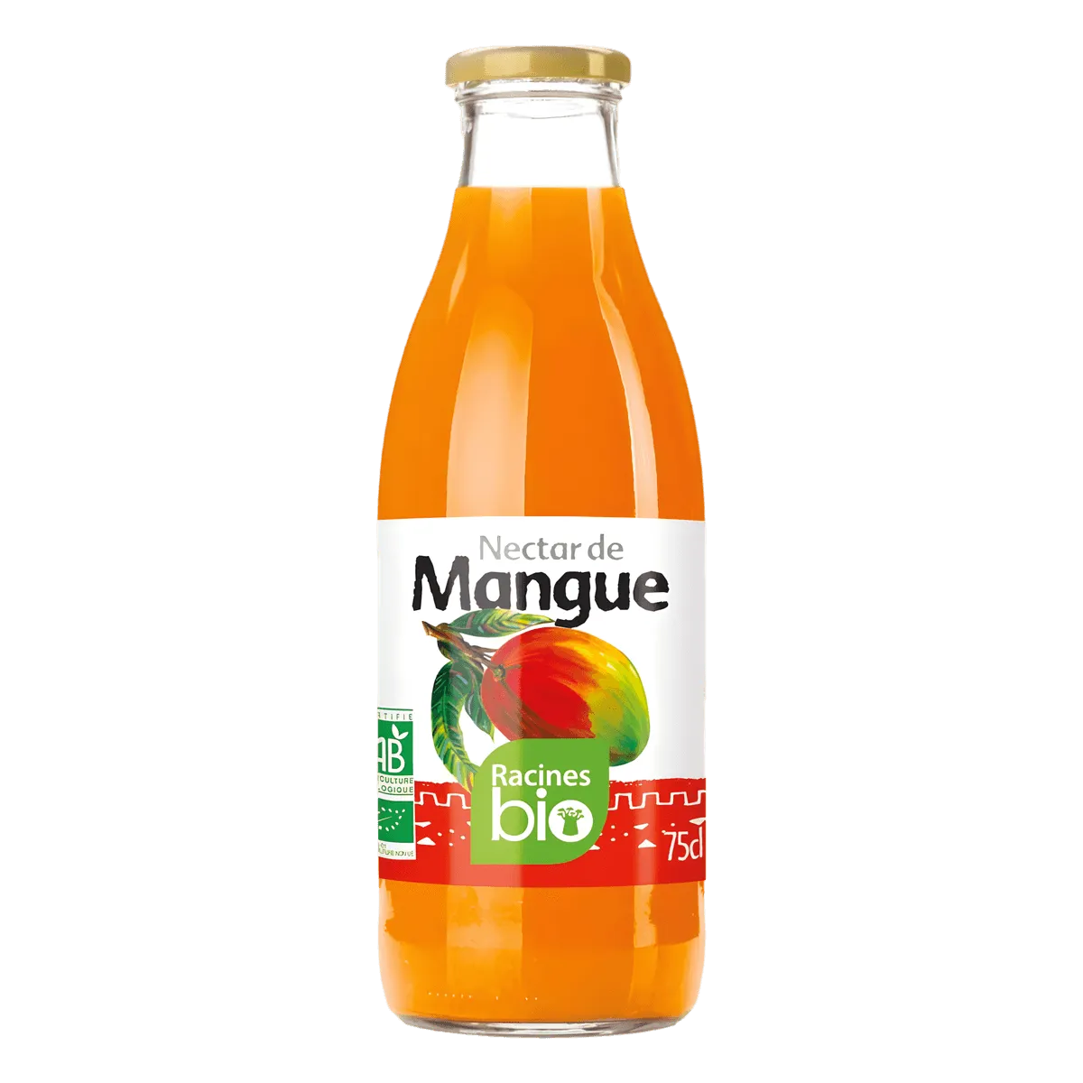 Bouteille de nectar de mangue RACINES BIO 75cl, boisson bio à base de mangues sélectionnées, idéale pour une consommation saine et rafraîchissante.