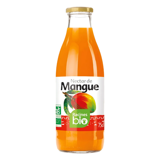 Bouteille de nectar de mangue RACINES BIO 75cl, boisson bio à base de mangues sélectionnées, idéale pour une consommation saine et rafraîchissante.