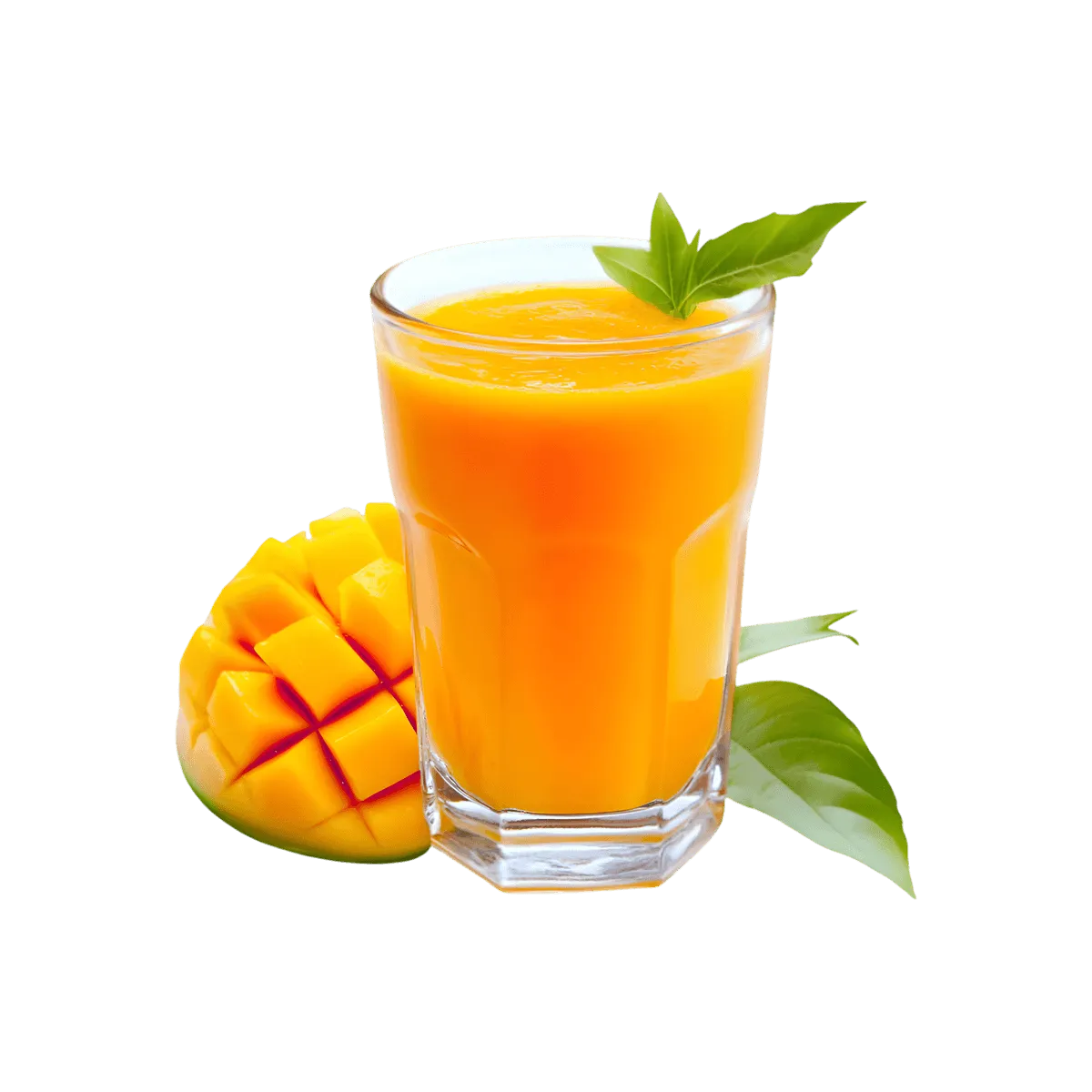 Verre de nectar de mangue RACINES BIO avec mangue fraîche découpée, boisson tropicale onctueuse et naturellement sucrée pour une pause fruitée.