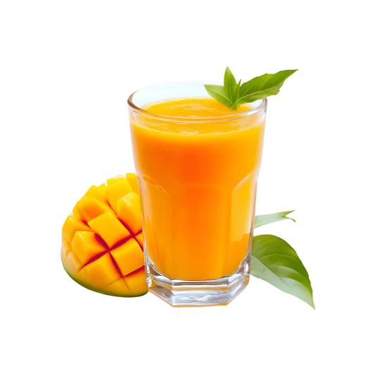 Verre de nectar de mangue RACINES BIO avec mangue fraîche découpée, boisson tropicale onctueuse et naturellement sucrée pour une pause fruitée.