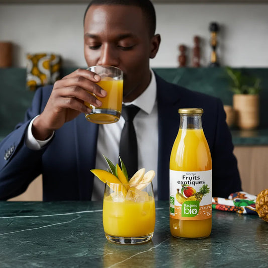 Homme dégustant un verre de nectar Fruits Exotiques Bio RACINES, boisson bio aux saveurs tropicales servie avec fruits frais.