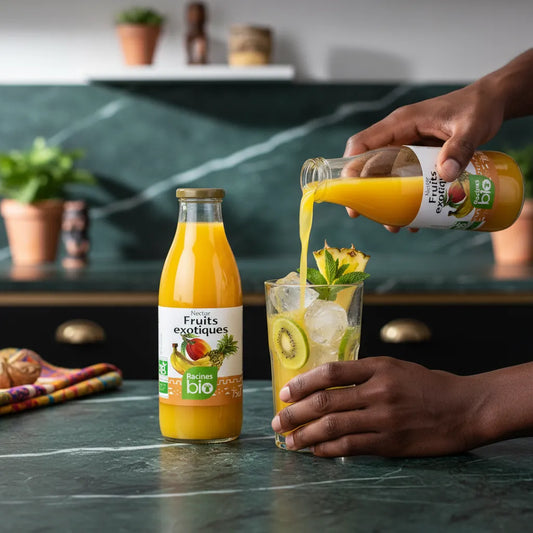 Versement du nectar Fruits Exotiques Bio RACINES dans un verre avec glaçons, kiwi et ananas, boisson bio idéale pour cocktails tropicaux.