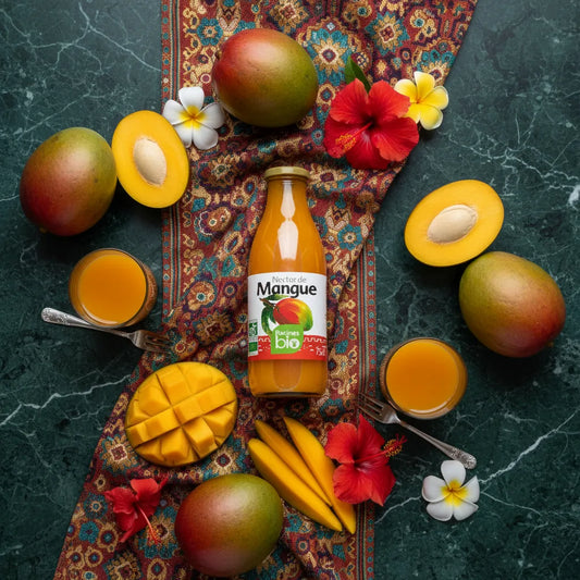 Nectar de Mangue Bio Racines entouré de mangues fraîches, fleurs tropicales et verres de jus, parfait pour une dégustation exotique et naturelle.